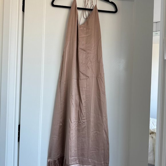 NWOT Lunya Washable Silk Slip Dress Strappy Fringe Side Slits Otium Tan Sz Large - Picture 3 of 8